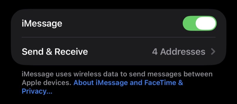 The iMessage switch turned on in iPhone Settings → Messages