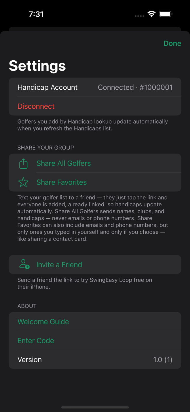 Share All Golfers and Share Favorites in SwingEasy Loop Settings