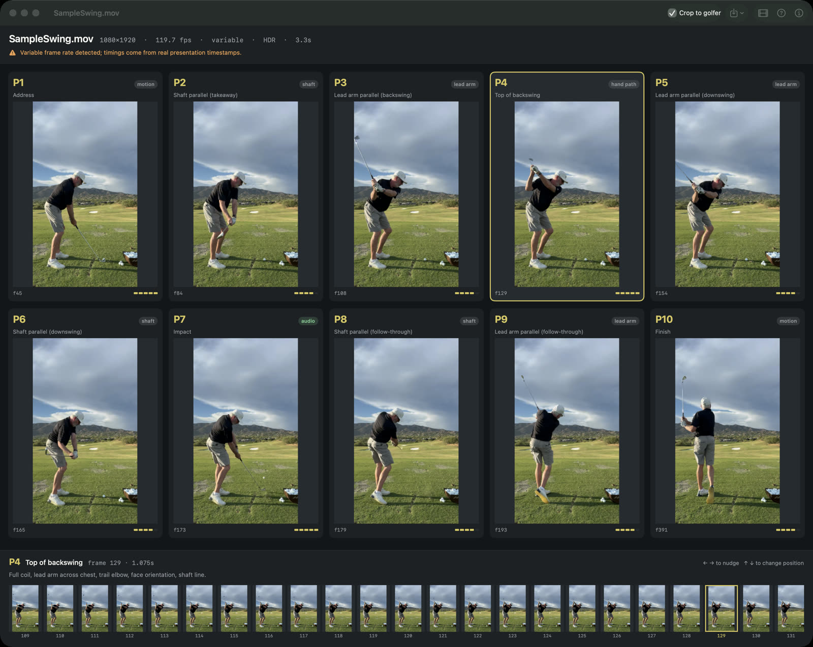 SwingKey showing all ten swing positions from a single video